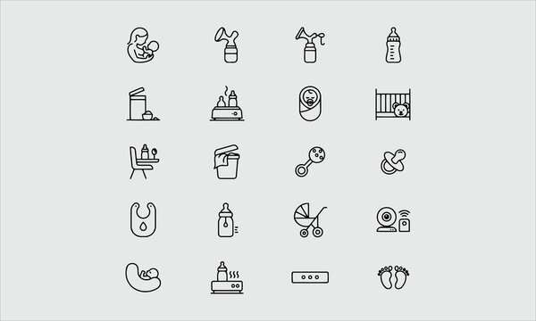 Modern vector line icon of breastfeeding, baby infant food. Breast feeding elements - pump, woman, child, powdered milk, bottle sterilizer, baby.