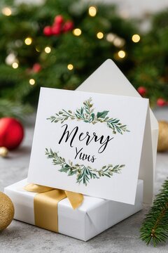 Christmas card with wreath design on gift box