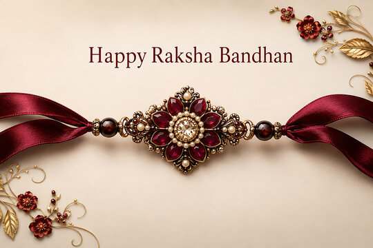 Elegant maroon stone rakhi tied with beautiful shiny ribbons wishing happy raksha bandhan decorated with golden floral celebrating bond of protection
