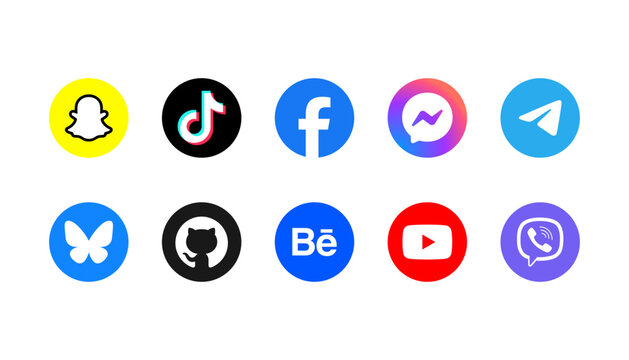 Social Media Brand Icons Collection For Creative Projects &ndash; Snapchat, TikTok, Facebook, Messenger, Telegram, Bluesky, GitHub, Behance, YouTube, Viber
