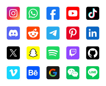 Social Media Brand Icons Set 2026 &ndash; Instagram Whatsapp Facebook Youtube Tiktok Discord Reddit Telegram Pinterest Linkedin X Snapchat Spotify Twitch Github Vimeo Behance Google Wechat Line