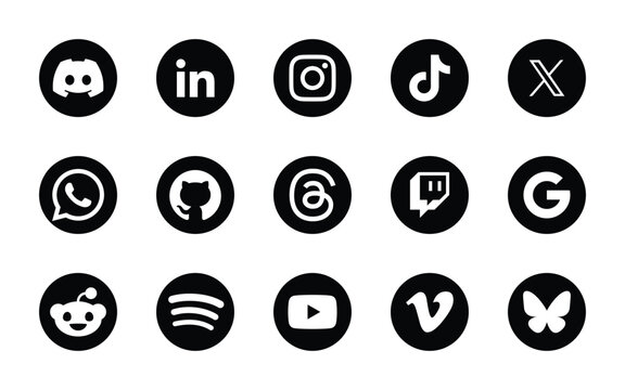 Social Media Icons 2026 For Branding And Graphic Design &ndash; Discord, LinkedIn, Instagram, TikTok, X, WhatsApp, GitHub, Threads, Twitch, Google, Reddit, Spotify, YouTube, Vimeo, Bluesky