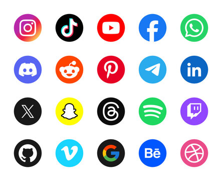Social Media Icons Collection 2026, Social Media Network Icons Set, Instagram, TikTok, YouTube, Facebook, WhatsApp, Discord, Reddit, Pinterest, Telegram, LinkedIn, X, Snapchat, Threads, Spotify, Twitc