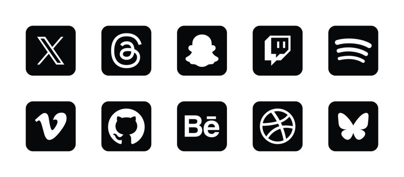 Social Media Icons Set 2026 &ndash; X, Threads, Snapchat, Twitch, Spotify, Vimeo, GitHub, Behance, Dribbble, Bluesky