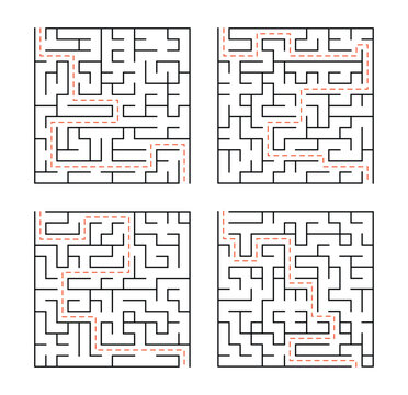 maze or labyrinth game for kids child and adult logic Square game for kid book, find the way in geometric shape quiz challenge path, isolated vector templates, design line set for poster, cards, book	