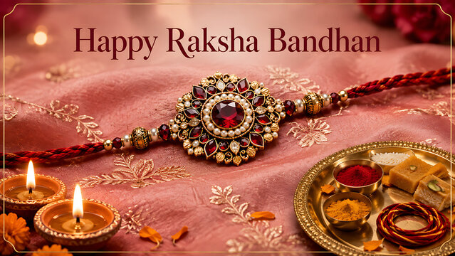 Luxurious red stone rakhi on pink silk fabric near golden thali celebrating happy raksha bandhan honoring the pure sibling bond of protection