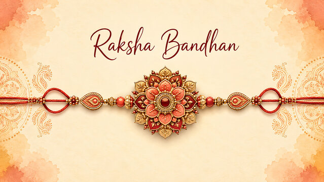 Floral rakhi centered on bright orange watercolor textured background wishing happy raksha bandhan celebrating the traditional holy bond of protection