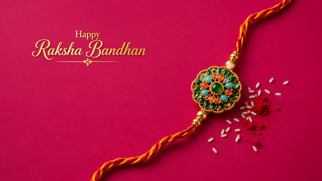 Bright colorful beaded rakhi placed on vibrant pink background with scattered rice grains and red kumkum powder celebrating sibling happy raksha bandhan