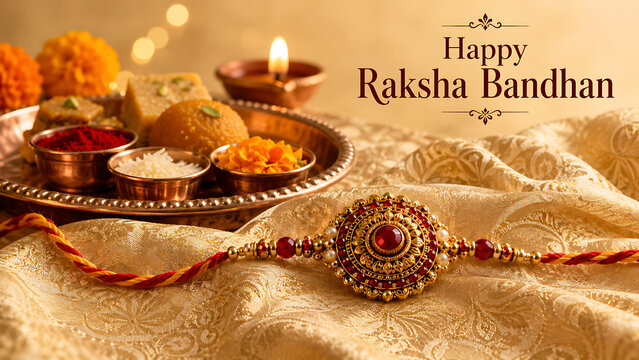 Ornate beautiful jeweled rakhi resting delicately on golden silk fabric with blurred traditional sweets and lighted diya background for happy raksha bandhan