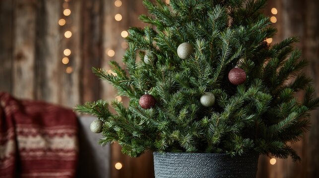 Decorated Christmas tree in woven pot
