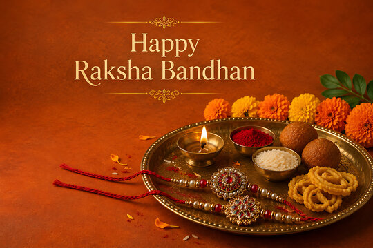 Happy raksha bandhan celebration brass pooja thali with rakhi sweets diya and flowers on shravan purnima festive indian brown background banner template