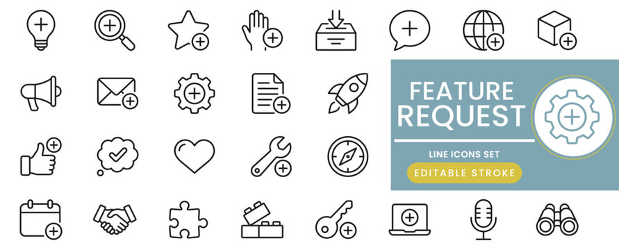Feature request icon set. containing feedback, suggestion, improvement, addition, and development and more. line collection icon set with editable stroke