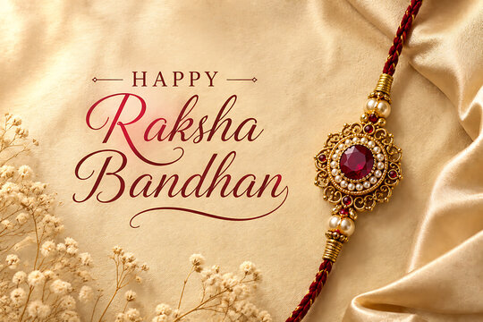 Elegant golden rakhi with red stone on soft satin fabric background celebrating happy raksha bandhan festival with delicate white flowers for brother