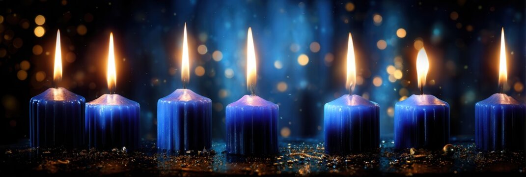 Seven blue candles burning in dark setting
