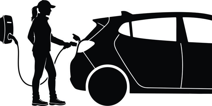 Woman plugging charger cable into electric car at home wallbox station vector illustration