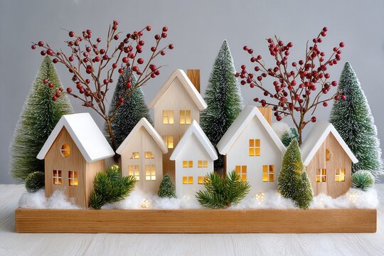 Wooden Christmas Village with Lit Windows