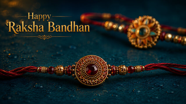 Happy raksha bandhan luxury golden ruby rakhi with water drops and elegant bokeh background for holy shravan purnima indian festival holiday celebration