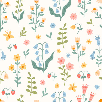 Seamless floral pattern with hand drawn flowers. Cute summer print, wildflower and garden, camomile, strawberry, butterfly. Vector meadow flowers background for fabric design, wallpaper, baby clothes.
