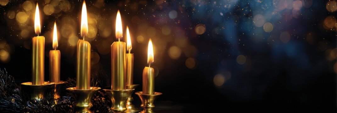 Candles burning in holders against dark bokeh background