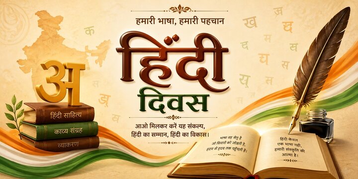 Hindi diwas language celebration banner with stacked books feather pen inkpot and indian flag colors language celebration alphabet typography heritage education