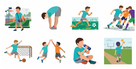 Fototapeta premium Flat vector illustration set of a young boy character practicing various soccer and football activities from training to winning a trophy.