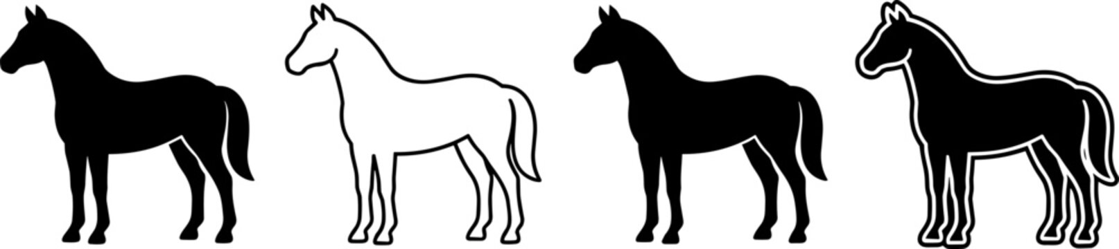 Set of horse icons, black silhouettes and outline style, vector illustration