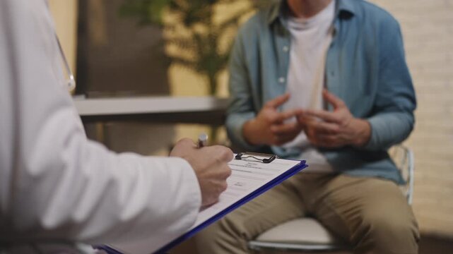 Psychiatrist with clipboard listens to patient's concerns during therapy session