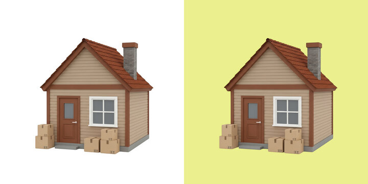 Small suburban house model with cardboard shipping boxes 3d icon
