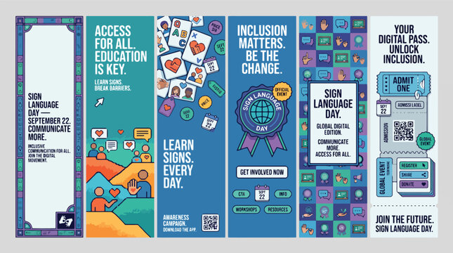 Sign Language Day banner set, inclusive education social media vertical templates, accessibility awareness web graphics