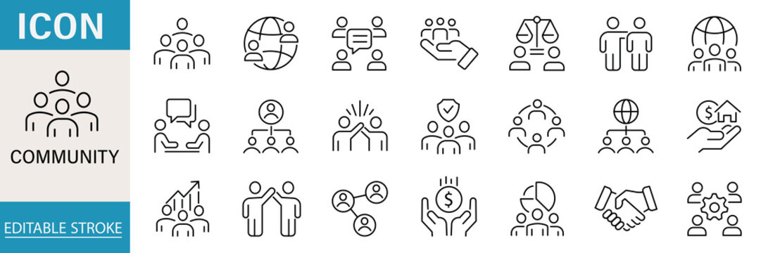 Modern Community web icons in line style. People, family, friendship, community, neighborhood, inclusion. Editable stroke. Vector illustration. charity web icons set. help, assistance, volunteer icons