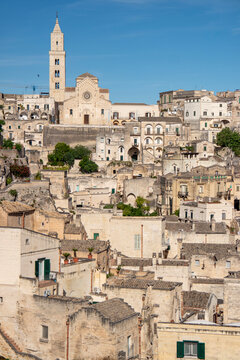 Matera, Basilicata, Italy - 14 junior 2026:  view of the Civita neighborhood, home to the Cathedral of Matera, the rocky promontory that divides the two historic districts of the Sassi