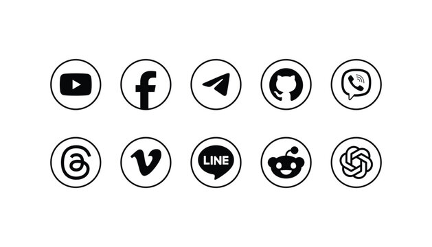 Social Media Icons Set 2026 With Clean Circular Badge Style &ndash; YouTube, Facebook, Telegram, GitHub, Viber, Threads, Vimeo, LINE, Reddit, ChatGPT