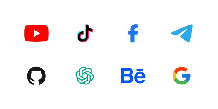 Social Media Network Icons 2026 For Modern Design &ndash; YouTube, TikTok, Facebook, Telegram, GitHub, ChatGPT, Behance, Google