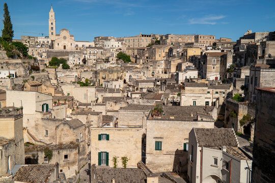 Matera, Basilicata, Italy - 14 junior 2026:  view of the Civita neighborhood, home to the Cathedral of Matera, the rocky promontory that divides the two historic districts of the Sassi