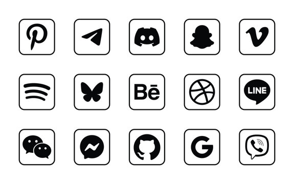Social Media Network Icons Set For Modern Digital Projects &ndash; Pinterest, Telegram, Discord, Snapchat, Vimeo, Spotify, Bluesky, Behance, Dribbble, LINE, WeChat, Messenger, GitHub, Google, Viber