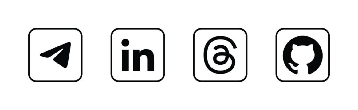 Social Media Network Logo Icons Set &ndash; Telegram, LinkedIn, Threads, GitHub
