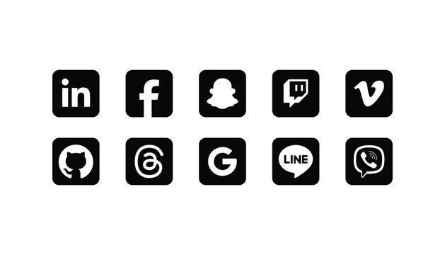 Social Network Icons Set 2026 For Modern Branding &ndash; LinkedIn, Facebook, Snapchat, Twitch, Vimeo, GitHub, Threads, Google, LINE, Viber