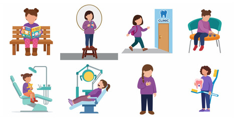 Fototapeta premium Collection of vector illustrations depicting a child's journey through dental care and a dentist visit