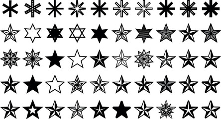 Fototapeta premium Black and White Star and Asterisk Icon Set with Various Geometric Shapes and Decorative Elements for Rating, Branding, and Festive Graphic Designs