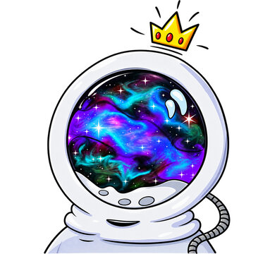 Cute astronaut cartoon character with a gold crown and galaxy nebula space helmet illustration isolated on white background