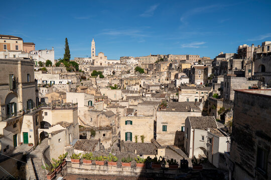 Matera, Basilicata, Italy - 14 junior 2026:  view of the Civita neighborhood, home to the Cathedral of Matera, the rocky promontory that divides the two historic districts of the Sassi