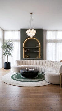 Refined living room with curved boucl&eacute; sofa, sphere chandelier, and arched green bar niche