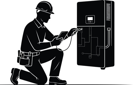 Electrician testing electrical panel with multimeter probe vector illustration