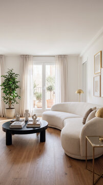 Minimalist neutral living room corner with curved sofa, black round table, and ficus tree
