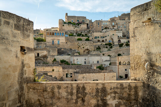 Matera, Basilicata, Italy :  view of the Civita neighborhood, home to the Cathedral of Matera, the rocky promontory that divides the two historic districts of the Sassi