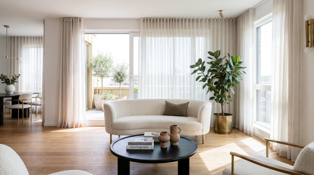 Bright neutral living space with sheer curtains, curved sofa, and potted rubber plant by balcony
