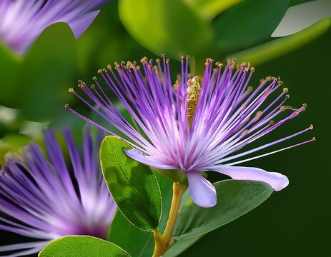 delicate purple flowers of the caper bush capparis spinosa bloom in profusion against a backdrop of bright green