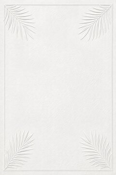 A minimalistic and elegant white textured background features an embossed palm frond leaf pattern in the corners