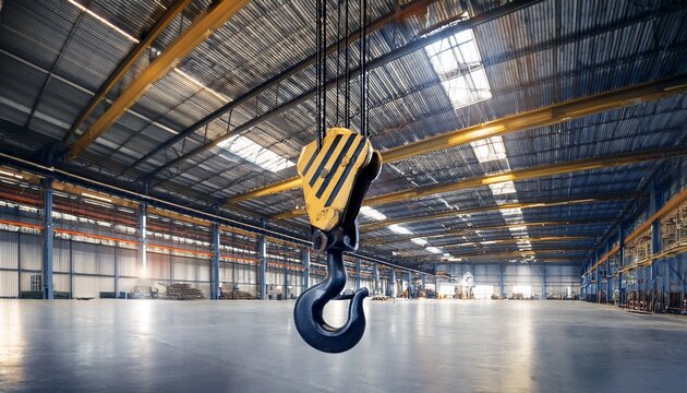 an industrial crane hook hanging inside a spacious warehouse