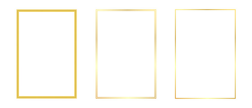 Golden yellow metallic luxury rectangular frame with elegant shine glossy thin gradient portrait border for vertical ornamental decoration on isolated transparent PNG